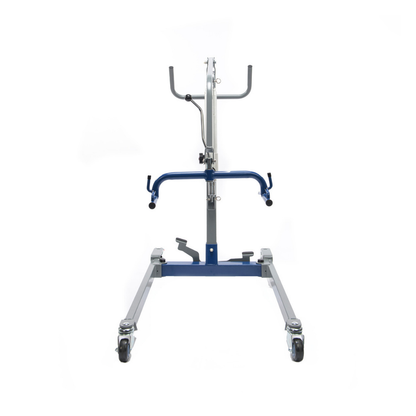 The Proactive Protekt® Transformer Hydraulic or Powered Patient Lift, featuring four caster wheels, a blue horizontal support bar, adjustment handles, and an upright central post, is shown against a white background.
