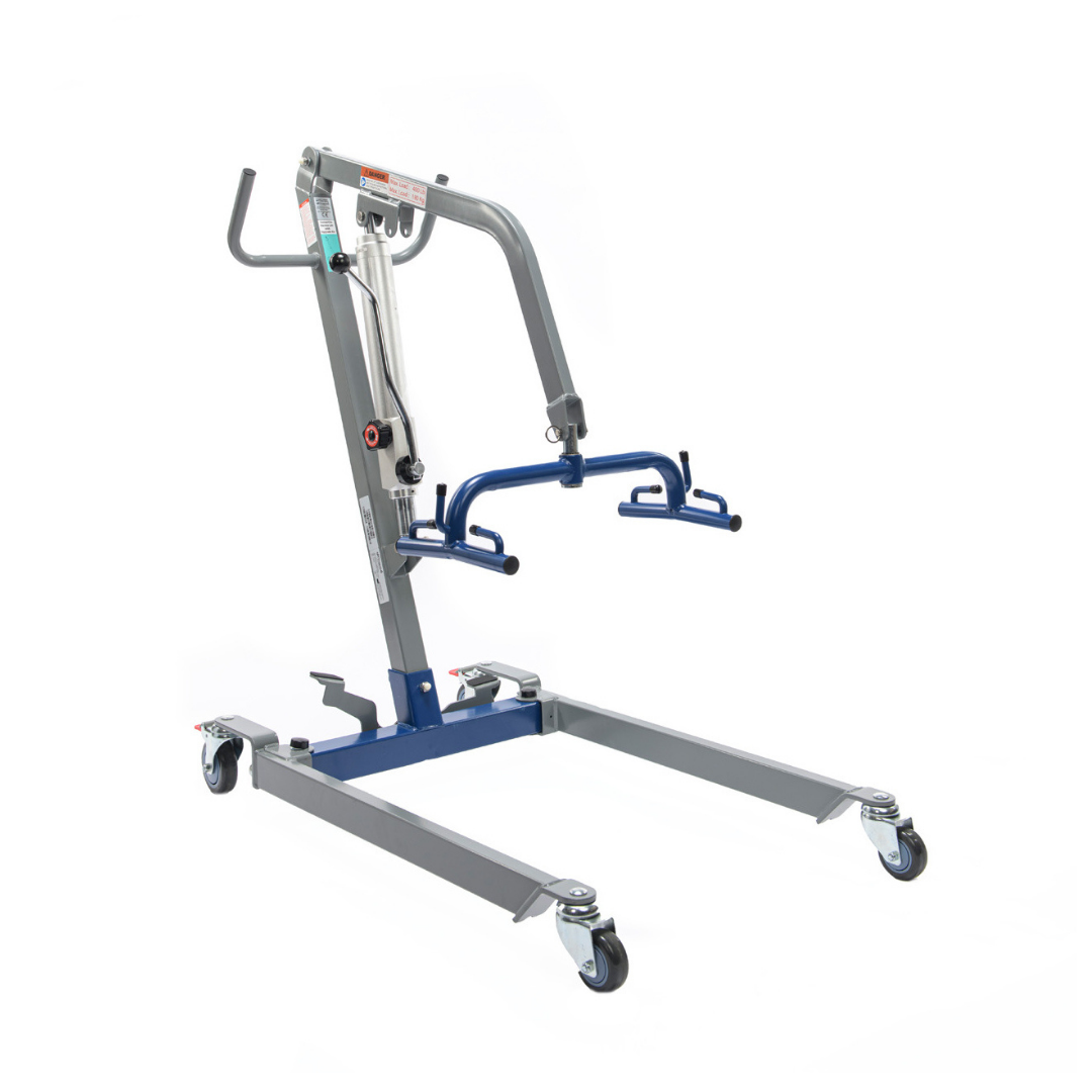 The Proactive Protekt® Transformer Hydraulic or Powered Patient Lift in blue and gray has four wheels, an adjustable arm, handles, and a hydraulic pump for easy lifting and transfer. Shown on a plain white background.