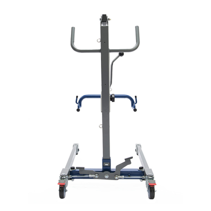 Front view of a Proactive Protekt® Transformer Hydraulic or Powered Patient Lift, featuring four wheels, an upright frame, side handles, and a central mounting plate—resembling a metal engine stand in structure.