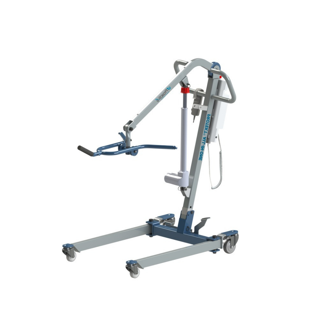 The Proactive Protekt® All-In-One Transfer Power Lift is a portable gray and blue car lift with wheels, a mechanical arm, sling attachment, sturdy metal frame, and electronic controls to assist moving people with limited mobility.