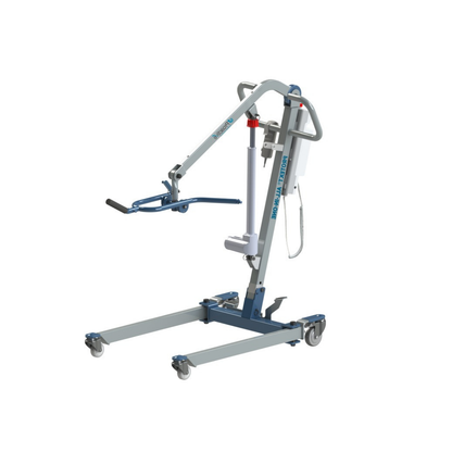 The Proactive Protekt® All-In-One Transfer Power Lift is a portable gray and blue car lift with wheels, a mechanical arm, sling attachment, sturdy metal frame, and electronic controls to assist moving people with limited mobility.