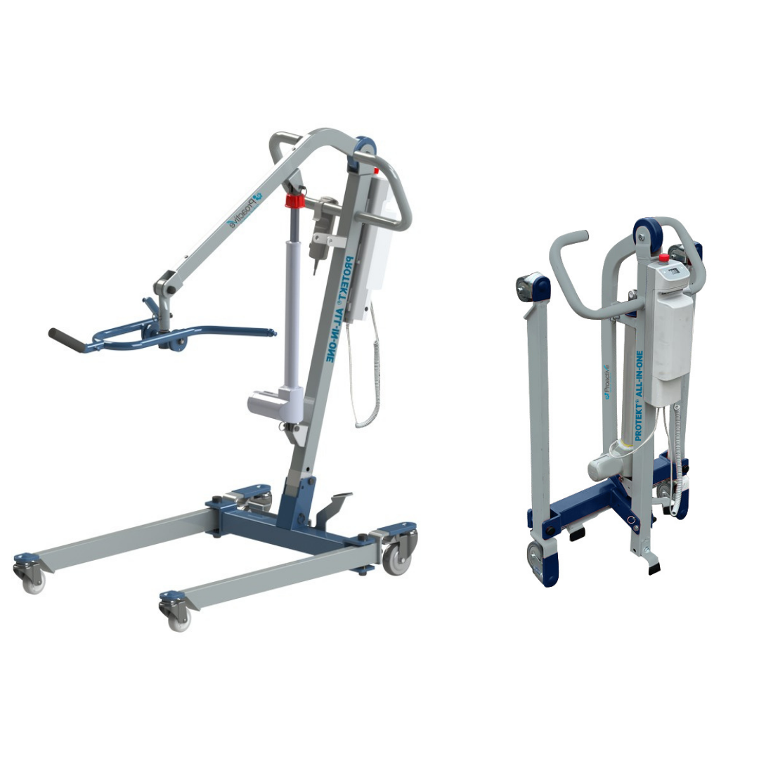 Two Proactive Protekt® All-In-One Transfer Power Lifts—Portable Car Lift models in gray and blue—are shown: one fully extended for use, the other folded for storage or transport; both have control panels and lifting arms for easy patient transfer.