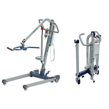 Two Proactive Protekt® All-In-One Transfer Power Lifts—Portable Car Lift models in gray and blue—are shown: one fully extended for use, the other folded for storage or transport; both have control panels and lifting arms for easy patient transfer.
