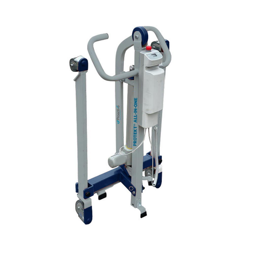The Proactive Protekt® All-In-One Transfer Power Lift is a blue and white portable, foldable car lift with wheels, handlebars, and an electric control box to assist in lifting and transferring individuals with limited mobility.