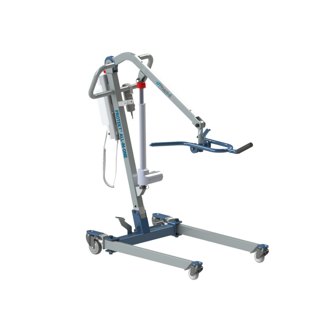 The Proactive Protekt® All-In-One Transfer Power Lift - Portable Car Lift is a blue and gray lift with wheels, adjustable arms, control box, and sling bar for safely transferring people with limited mobility.