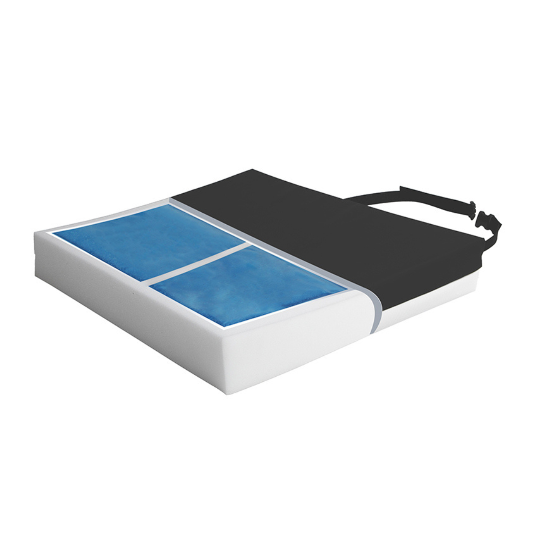 The Proactive Protekt® Gel Foam Cushion- Portable Mobility Seat is a black and white cushion with a strap, featuring two blue gel inserts in high-density foam to enhance comfort and help prevent pressure sores.