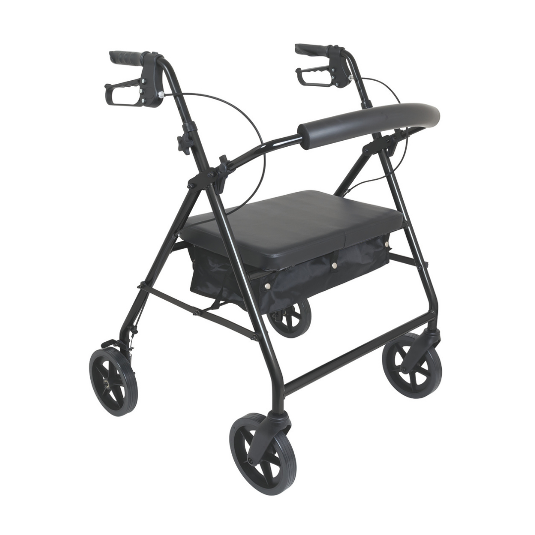 The Proactive Protekt® Heavy Duty Bariatric Rollator is a black walker with four wheels, a padded seat, hand brakes, and an under-seat storage pouch, offering reliable stability and support as a bariatric mobility aid.