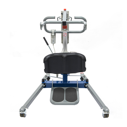 A front-facing view of the Proactive Protekt® Compact 500 Sit-To-Stand Patient Lift, featuring handles, padded knee support, foot platform, and four wheels for mobility assistance.