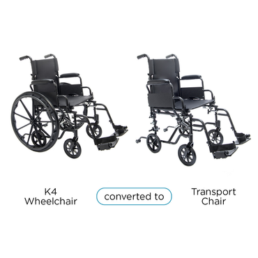 Two black Protekt Cambria™ Transport/Wheelchair Combos are shown: on the left as a wheelchair with large rear wheels; on the right as a transport chair with smaller wheels. Text between them reads "converted to.