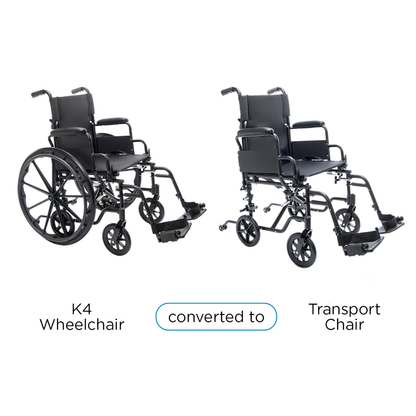 Two black Protekt Cambria™ Transport/Wheelchair Combos are shown: on the left as a wheelchair with large rear wheels; on the right as a transport chair with smaller wheels. Text between them reads "converted to.