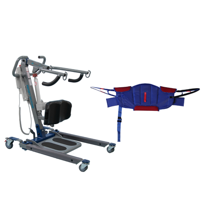 The Proactive Protekt® 500/600 lb Sit-to-Stand Lift with wheels and padded supports stands beside a blue transfer sling with straps and red Velcro fasteners, designed to assist individuals with mobility challenges.