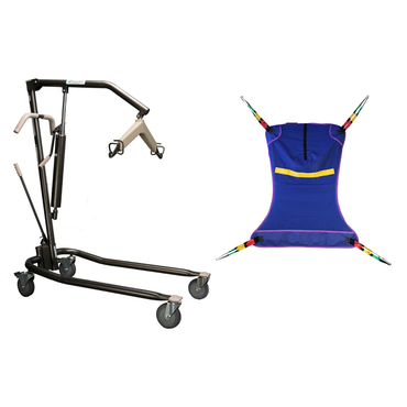 The Proactive Protekt® Onyx Hydraulic Patient Lift (black, wheeled, 450 lb capacity) is next to a blue fabric sling with colored corner straps—both for safe patient transfers and mobility assistance at home.