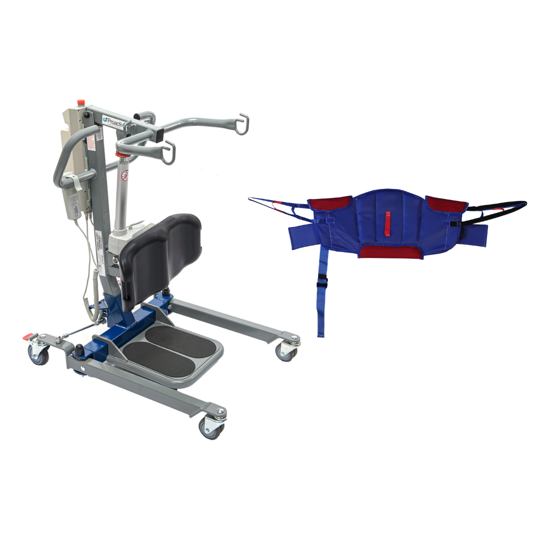 The Proactive Protekt® Compact 500 Sit-To-Stand Patient Lift with wheels and padded supports is shown next to a blue and red transfer sling, designed for safe patient transfers and mobility, including bariatric use.