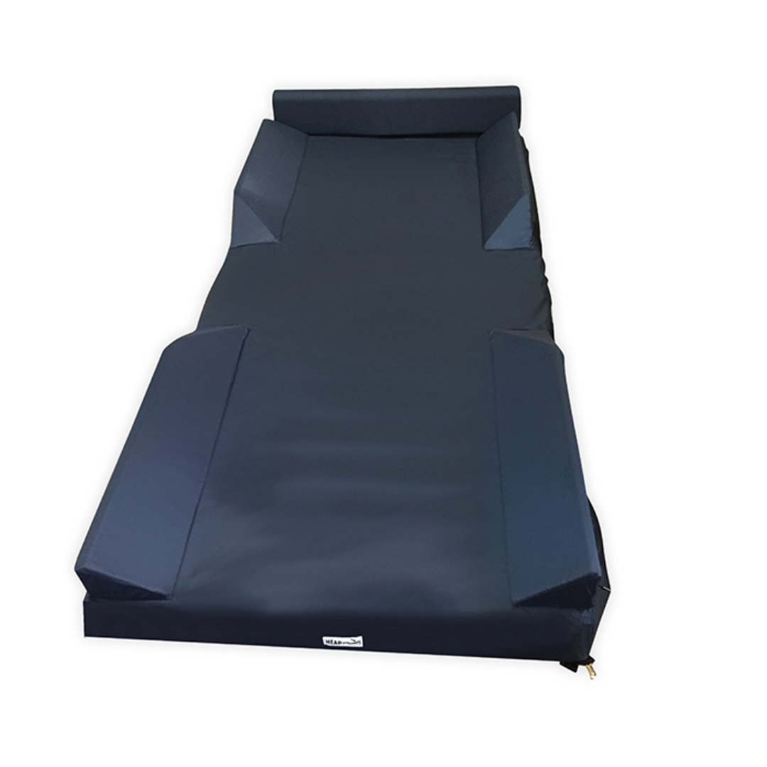 The Proactive Raised Rail Mattress Cover, shown on a plain white background, features dark blue rectangular design and foam side bolsters for enhanced support and entrapment protection.