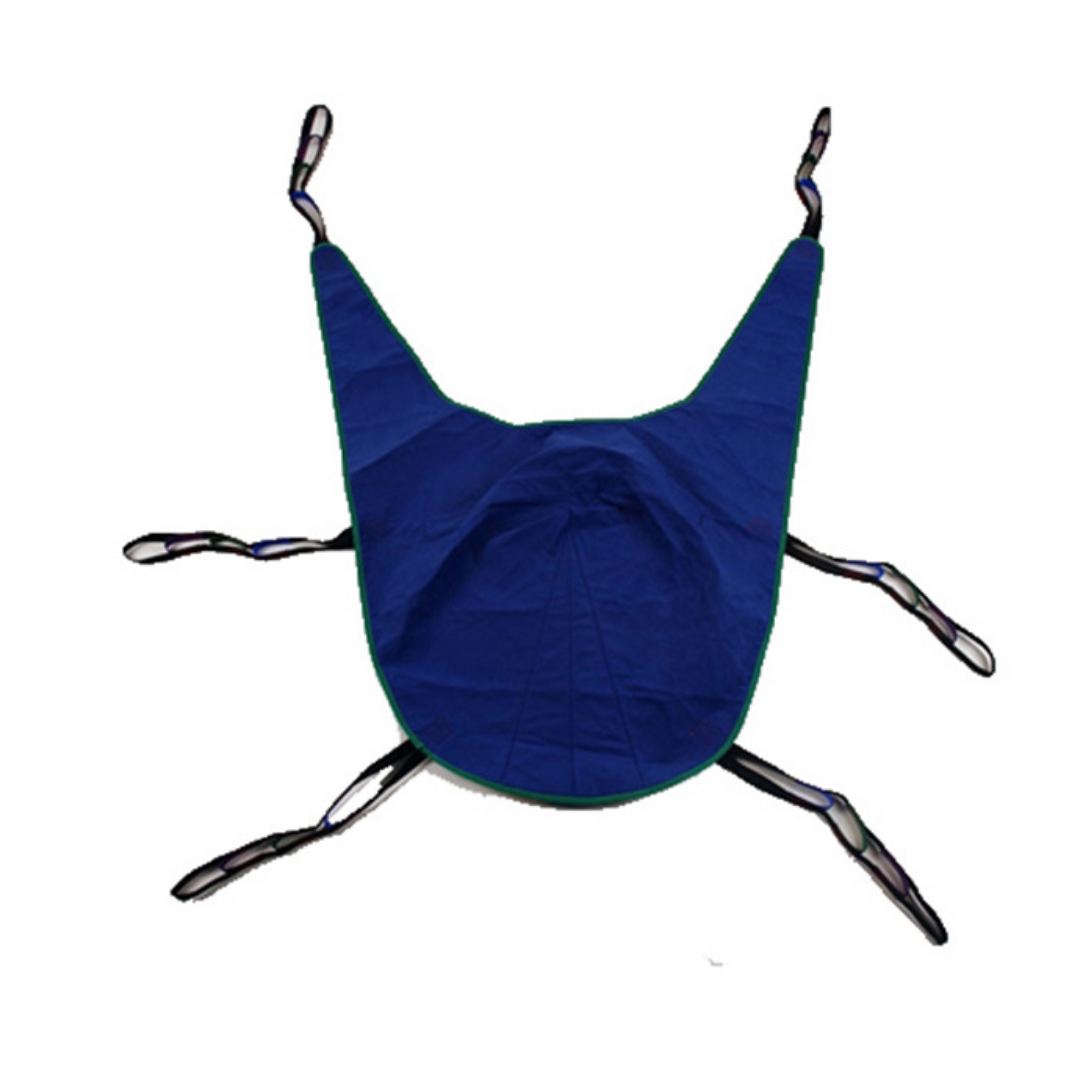 The Proactive Slings For Patient Lifts - All Styles features a blue design with six black reinforced straps, offering safe handling and transfers for individuals with limited mobility. Laid flat, its wide seat and extended handles are ideal for long-term care settings.
