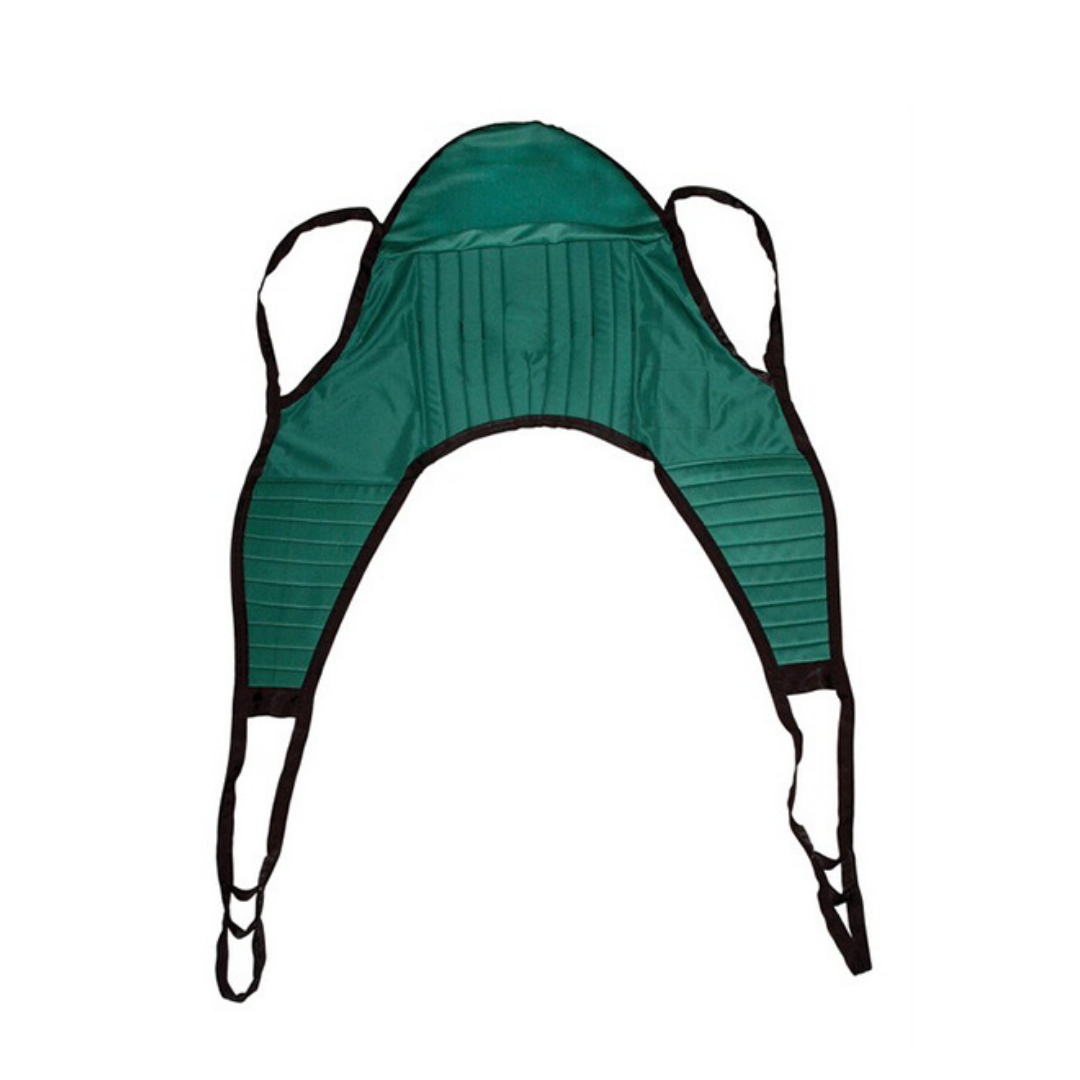 The Proactive Slings For Patient Lifts - All Styles feature a green design with black edging and straps, curved top, padded center, and four looped strap ends—perfect for safe patient handling and homecare lifting needs.