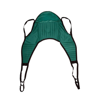 The Proactive Slings For Patient Lifts - All Styles feature a green design with black edging and straps, curved top, padded center, and four looped strap ends—perfect for safe patient handling and homecare lifting needs.