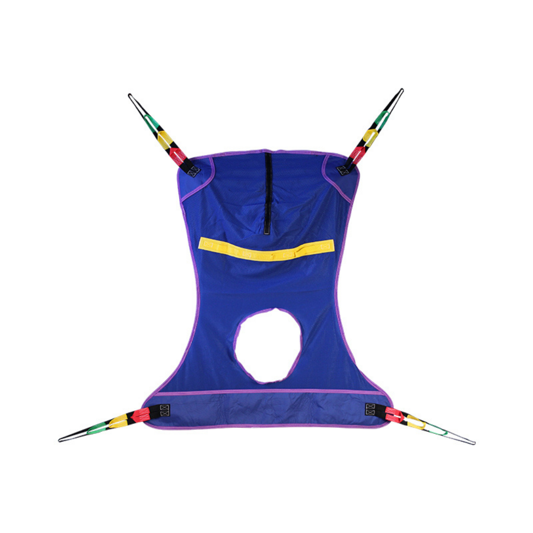 The Proactive Slings For Patient Lifts - All Styles feature a blue loop-style design with a large central hole, reinforced edges, and four colored corner straps for secure attachment—shown flat on a white background, perfect for patient lifts.