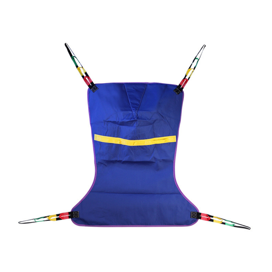 The Proactive Slings For Patient Lifts - All Styles is a blue loop-style fabric sling with a yellow center strap and four colored corner attachment loops, designed for use with spreader bars on patient lifting equipment.
