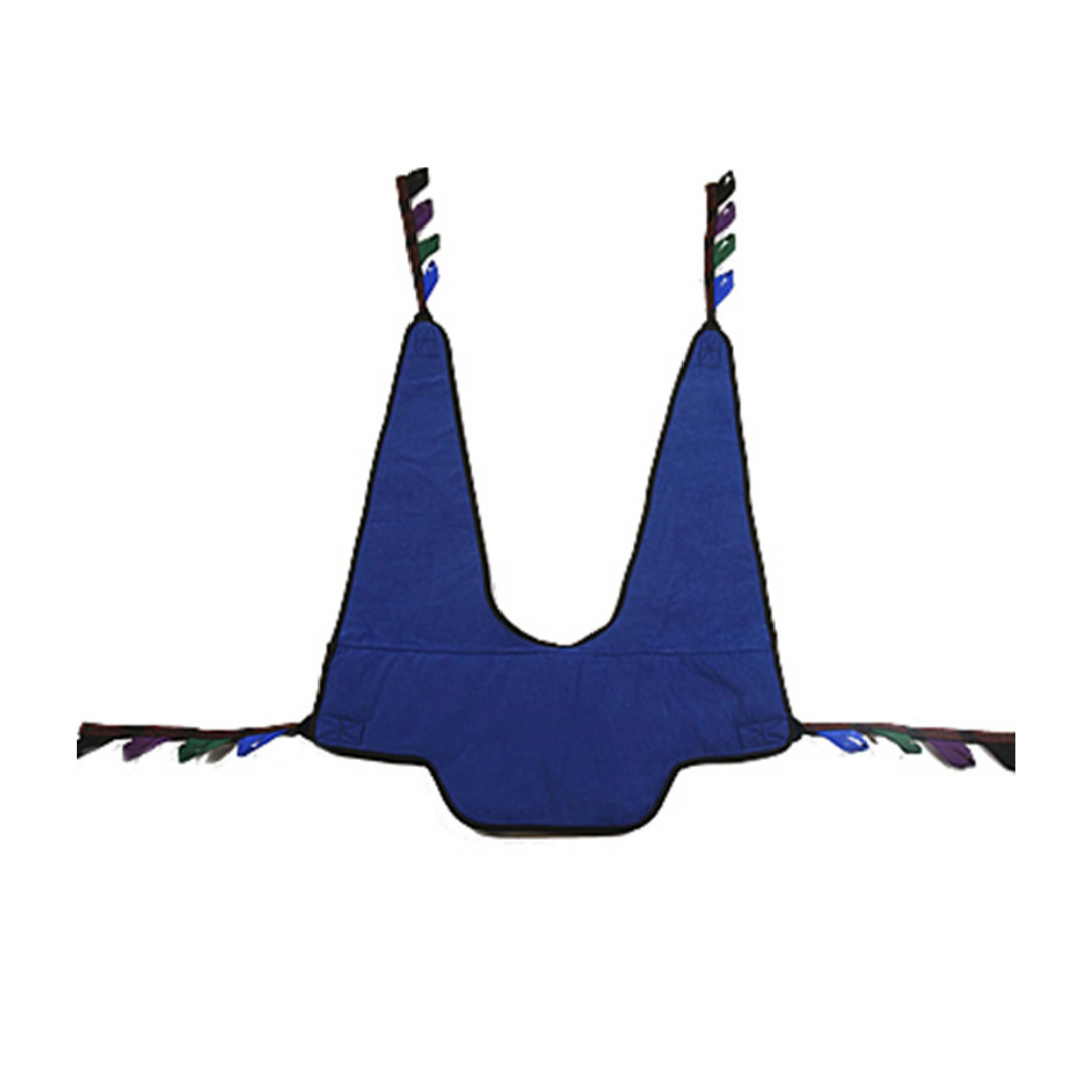 The Proactive Slings For Patient Lifts - All Styles is a blue padded fabric sling with two wide pointed straps featuring colorful loops, designed for comfortable patient handling in long-term care settings.