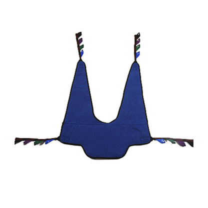 The Proactive Slings For Patient Lifts - All Styles is a blue padded fabric sling with two wide pointed straps featuring colorful loops, designed for comfortable patient handling in long-term care settings.