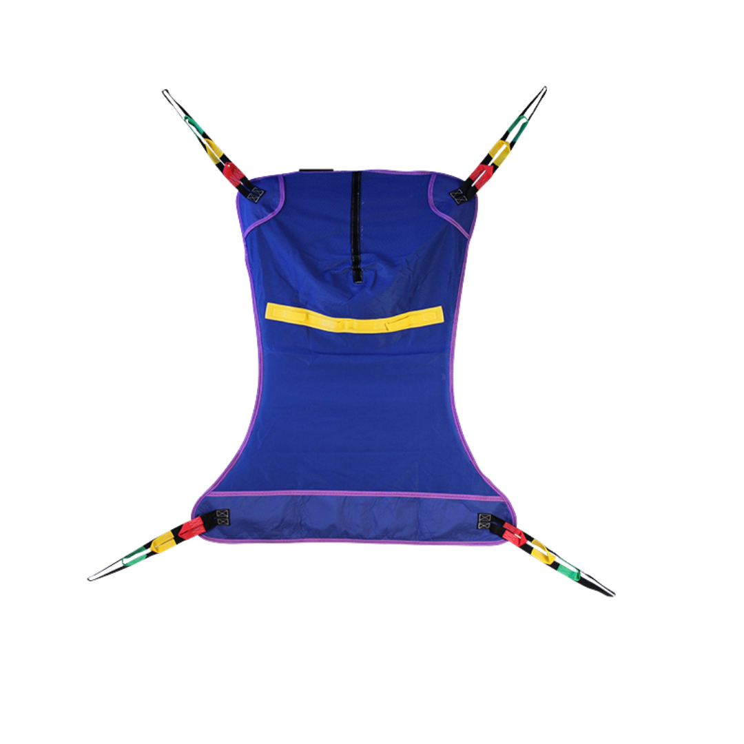 The Proactive Slings For Patient Lifts - All Styles features a blue loop-style sling with four reinforced corners, colorful straps, and metal hooks, shown on a white background.