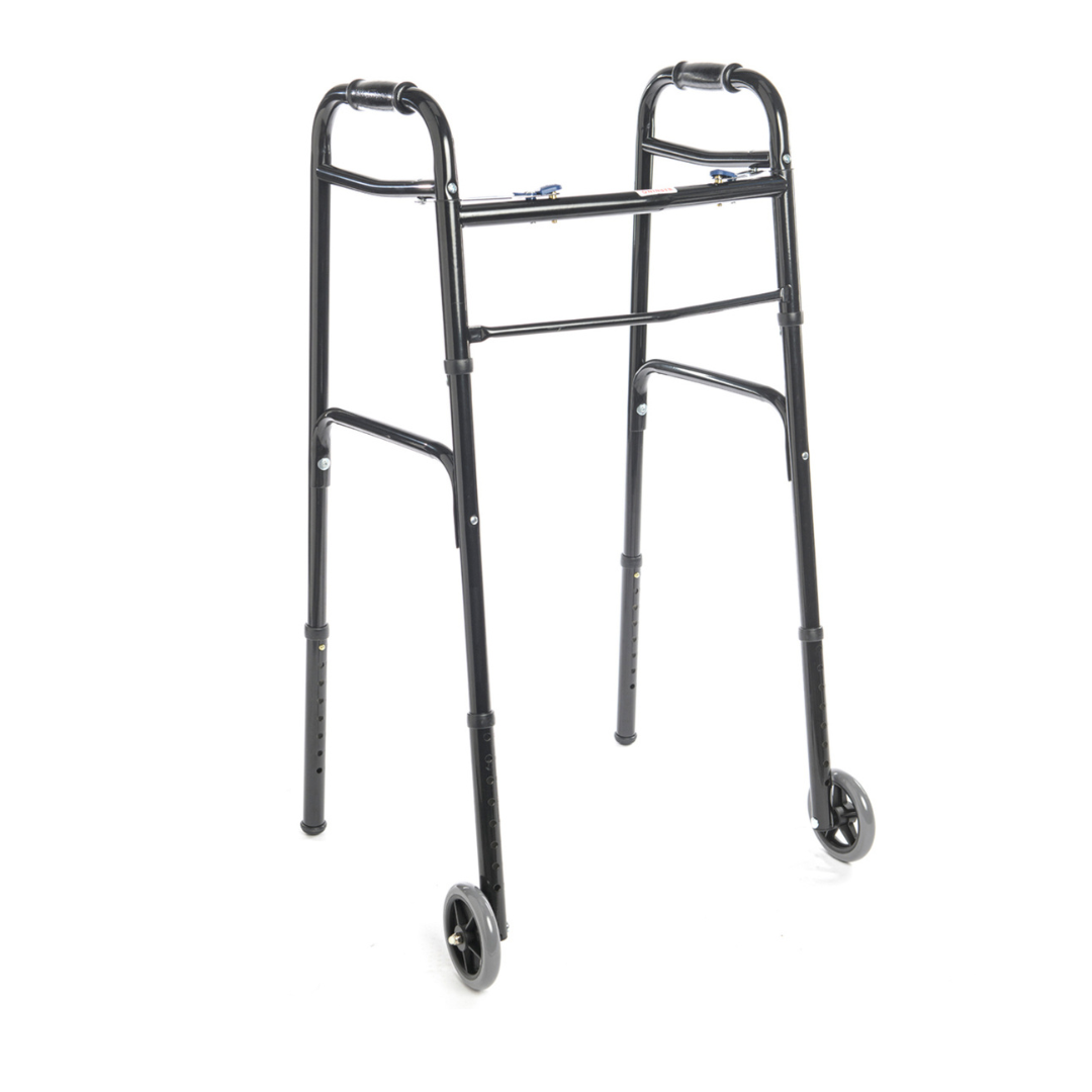 The Proactive Protekt® Lightweight Aluminum Walker with Wheels is a black, lightweight aluminum mobility aid for adults, featuring two front wheels and two non-wheeled rear legs for reliable support.