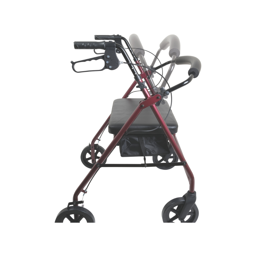 The ProBasics Deluxe Bariatric Aluminum Rollator with 8 Wheels is shown in side view, featuring a red frame, black adjustable handles in multiple positions, a padded seat, and heavy-duty versatility.
