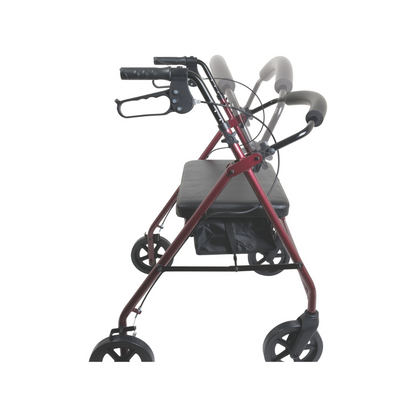The ProBasics Deluxe Bariatric Aluminum Rollator with 8 Wheels is shown in side view, featuring a red frame, black adjustable handles in multiple positions, a padded seat, and heavy-duty versatility.