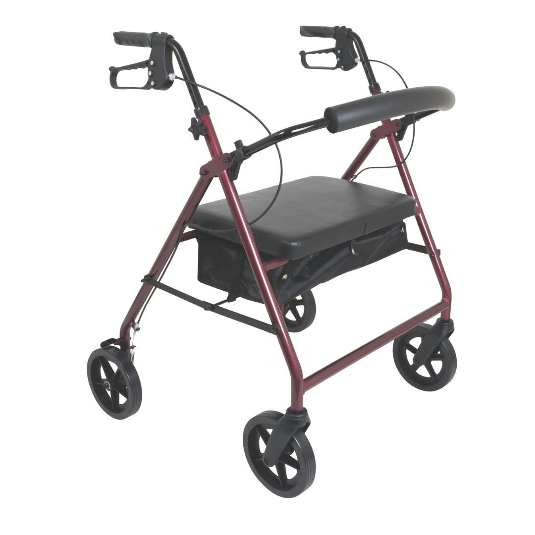 The ProBasics Deluxe Bariatric Aluminum Rollator with 8 wheels is shown in red, featuring four wheels, hand brakes, a padded seat, and a storage pouch underneath against a white background.