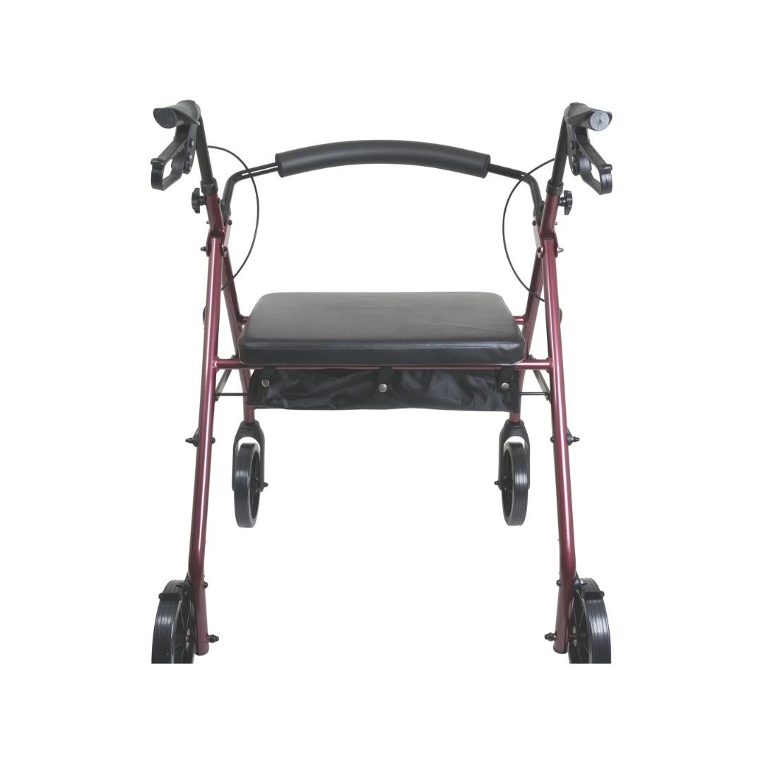 Front view of the ProBasics Deluxe Bariatric Aluminum Rollator with 8 wheels, shown in red with a black cushioned seat, handlebars, and a small storage pouch below.