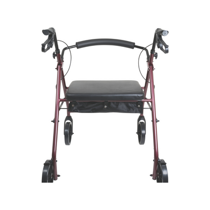 Front view of the ProBasics Deluxe Bariatric Aluminum Rollator with 8 wheels, shown in red with a black cushioned seat, handlebars, and a small storage pouch below.
