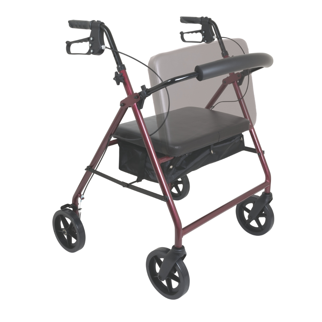 The ProBasics Deluxe Bariatric Aluminum Rollator with 8 Wheels is red with black handles, a padded seat, backrest, and a storage pouch under the seat. Its large wheels provide heavy-duty mobility support.