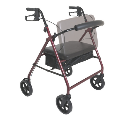 The ProBasics Deluxe Bariatric Aluminum Rollator with 8 Wheels is red with black handles, a padded seat, backrest, and a storage pouch under the seat. Its large wheels provide heavy-duty mobility support.