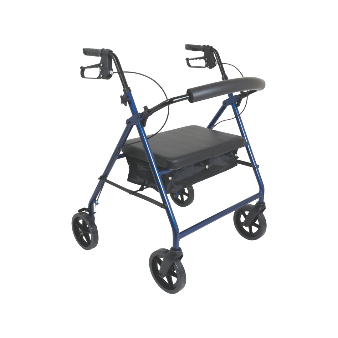 The ProBasics Deluxe Bariatric Aluminum Rollator with 8 wheels features a blue frame, black handlebars, padded seat, curved backrest, and storage pouch below, displayed against a white background.