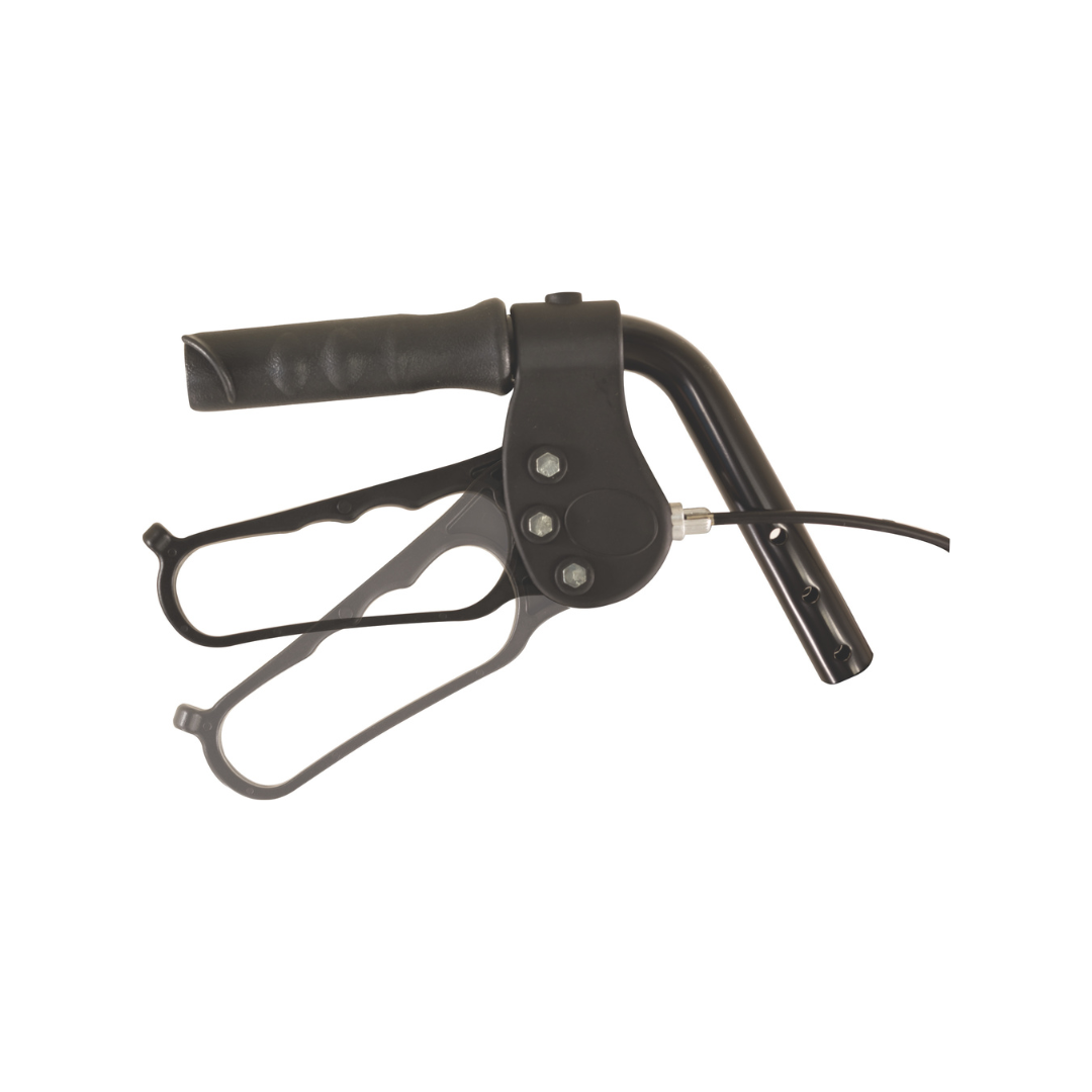 Black brake lever and handlebar assembly with cable, as featured on the ProBasics Deluxe Bariatric Aluminum Rollator with 8 Wheels, shown against a white background.