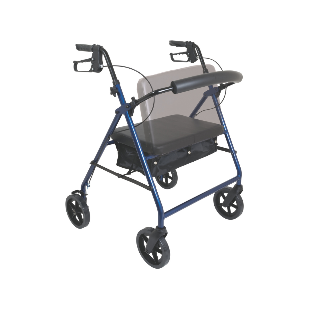 The ProBasics Deluxe Bariatric Aluminum Rollator with 8 Wheels is a blue mobility walker featuring hand brakes, a padded seat, backrest, and an under-seat storage pouch. Shown on a white background.