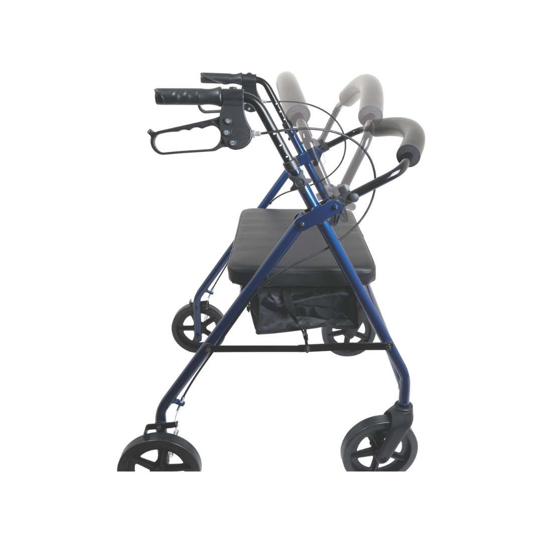 The ProBasics Deluxe Bariatric Aluminum Rollator with 8 wheels is a blue, four-wheeled heavy-duty walker featuring hand brakes, a padded seat, storage pouch, and adjustable handle heights shown with clear side overlays.
