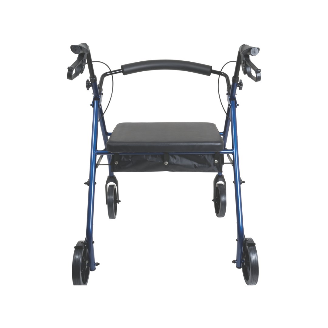 A front view of the ProBasics Deluxe Bariatric Aluminum Rollator with 8 wheels in blue, featuring a black padded seat, handlebars with hand brakes, and a storage compartment underneath.