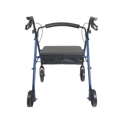 A front view of the ProBasics Deluxe Bariatric Aluminum Rollator with 8 wheels in blue, featuring a black padded seat, handlebars with hand brakes, and a storage compartment underneath.