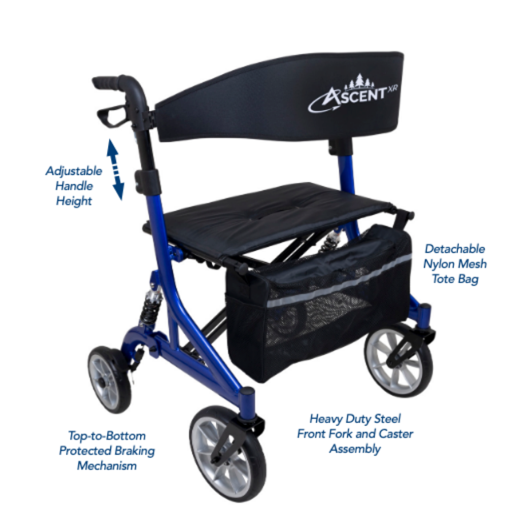 The Probasics Ascent XR™ Euro-Style Bariatric Rollator with Suspension features adjustable handles, ergonomic handlebars, a detachable nylon mesh tote bag, heavy-duty steel front fork and casters, and protected braking.