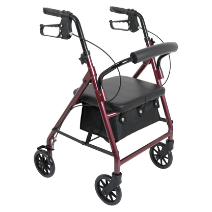 The ProBasics Junior Lightweight Aluminum Rollator is maroon, compact, with four black wheels, hand brakes, a padded seat, and an under-seat storage bag.