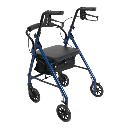 The ProBasics Junior Lightweight Aluminum Rollator in blue features four black wheels, hand brakes, a padded seat with a storage pouch underneath, and folds easily for transport—perfect for everyday use.