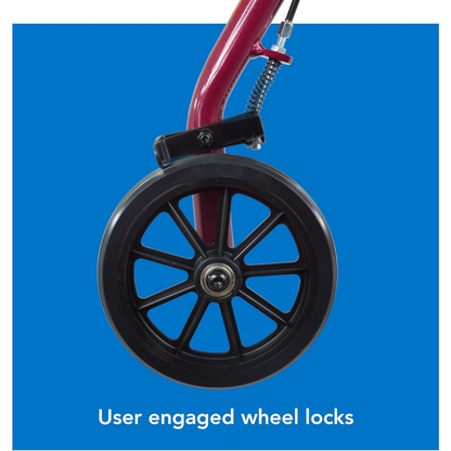 Close-up of a black wheel with lock engaged against a blue background. The text User engaged wheel locks highlights accessibility and safety, similar to the ProBasics Junior Lightweight Aluminum Rollator.