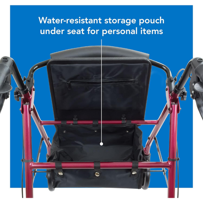 The ProBasics Junior Lightweight Aluminum Rollator in red features a black water-resistant storage pouch under the seat for personal items, displayed against a blue background with explanatory text.