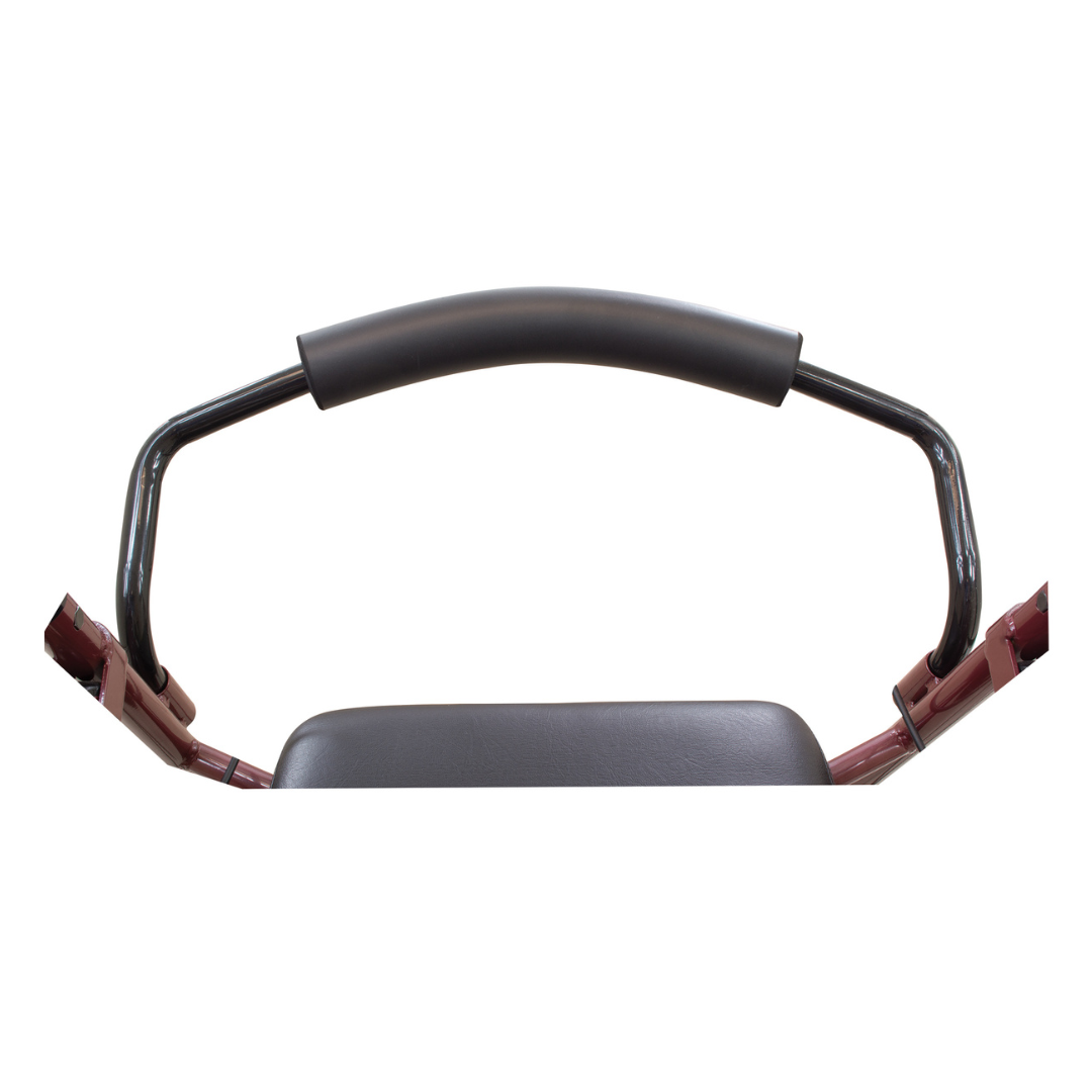 A close-up of the ProBasics Lightweight Steel Portable KD Rollator, highlighting its ergonomic hand brake, padded curved handle, and padded seat, isolated on a white background.