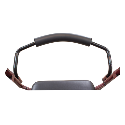 A close-up of the ProBasics Lightweight Steel Portable KD Rollator, highlighting its ergonomic hand brake, padded curved handle, and padded seat, isolated on a white background.