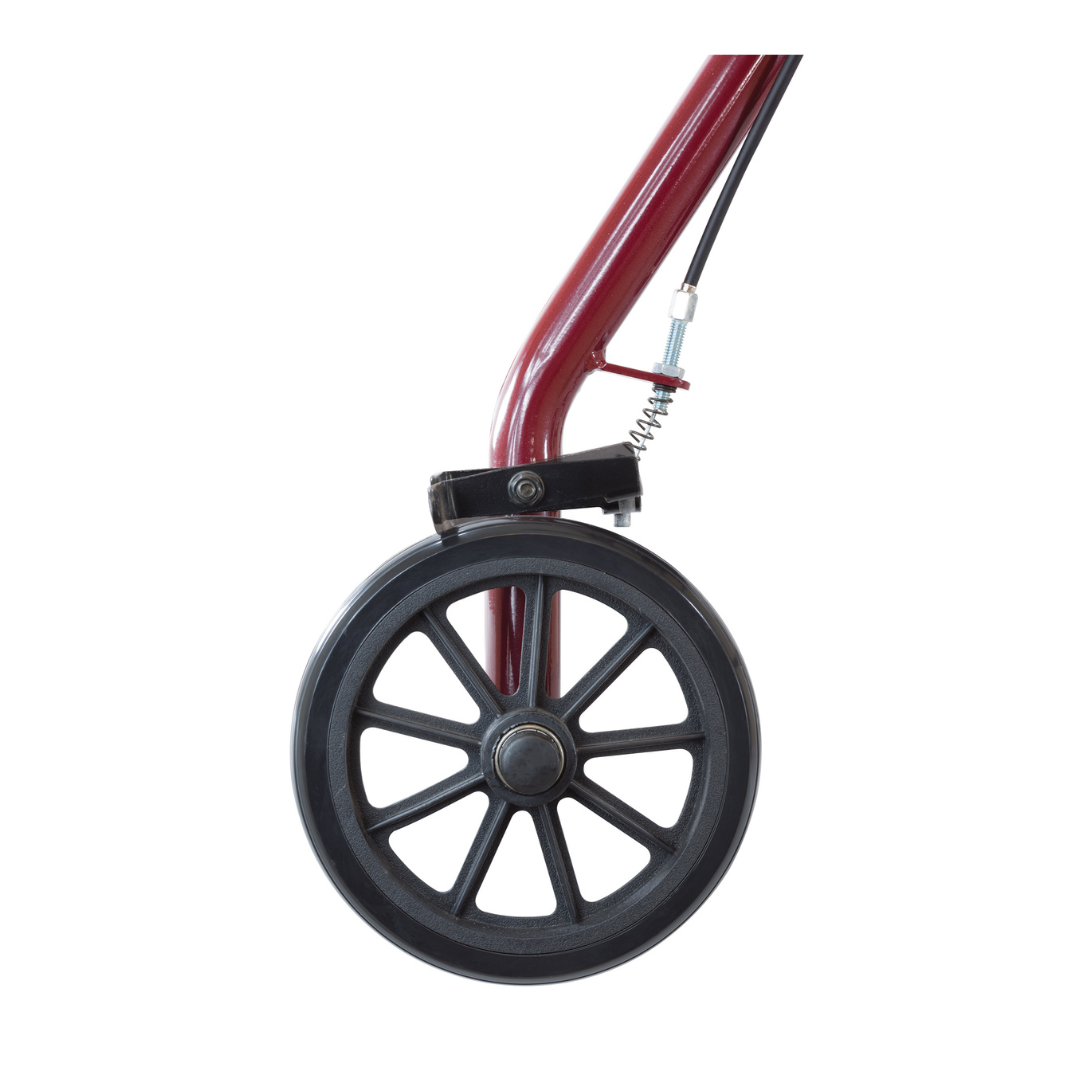 Close-up of a black plastic wheel attached to the red frame of the ProBasics Lightweight Steel Portable KD Rollator, shown isolated on a white background.