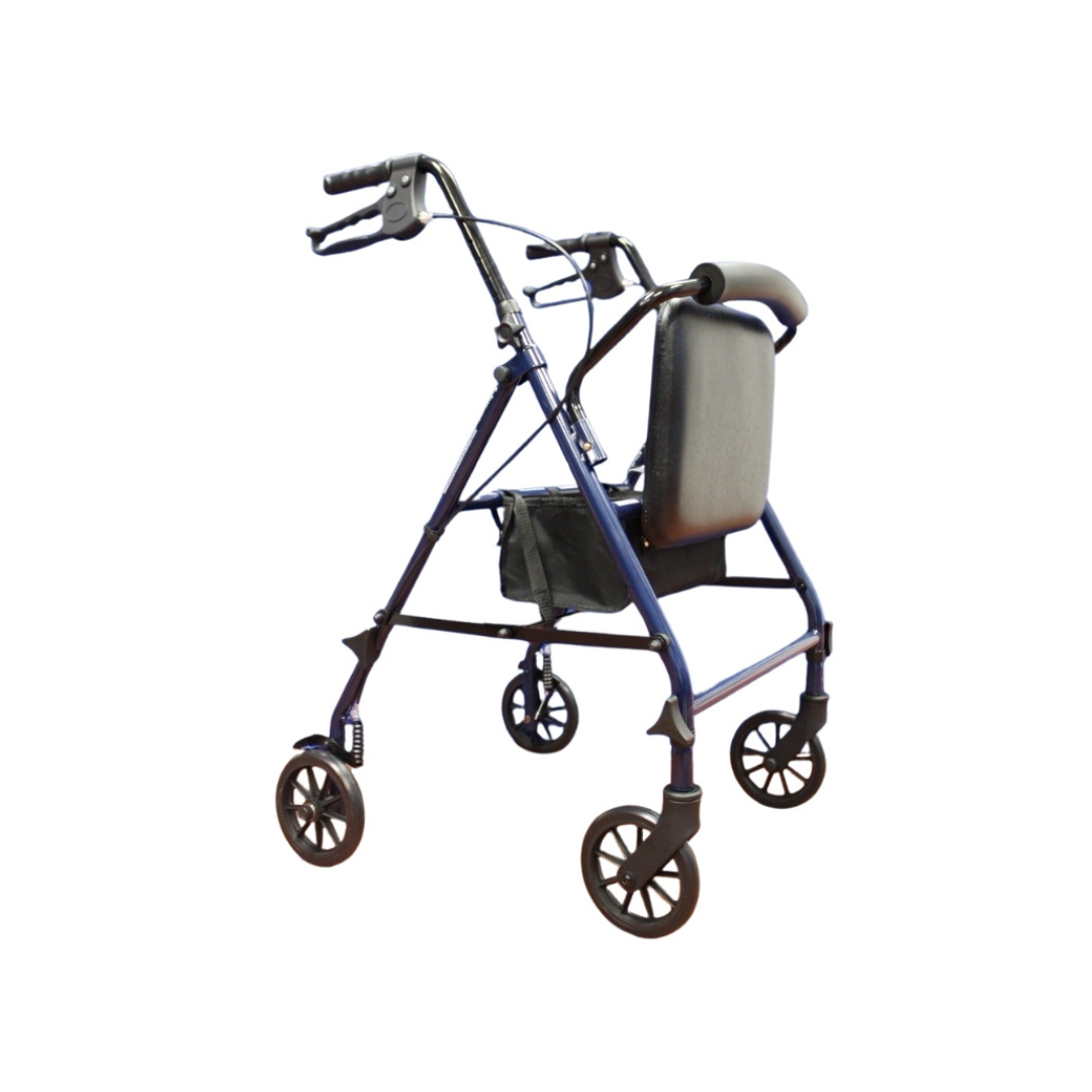 The ProBasics Lightweight Steel Portable KD Rollator, shown in blue with ergonomic hand brakes, a padded seat and backrest, plus a storage pouch under the seat, is displayed against a white background.