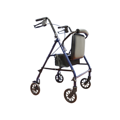 The ProBasics Lightweight Steel Portable KD Rollator, shown in blue with ergonomic hand brakes, a padded seat and backrest, plus a storage pouch under the seat, is displayed against a white background.